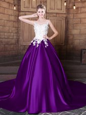 Ideal Scoop Purple Lace Up Quinceanera Gown Lace and Appliques Sleeveless Court Train