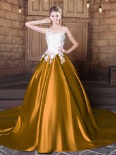 Flare Scoop Sleeveless Court Train Lace Up 15 Quinceanera Dress Gold Elastic Woven Satin