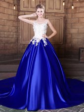 Delicate Royal Blue Ball Gowns Elastic Woven Satin Scoop Sleeveless Appliques With Train Lace Up Sweet 16 Dresses Court Train