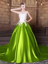 Scoop Sleeveless With Train Lace and Appliques Lace Up Quinceanera Dress with Yellow Green Court Train