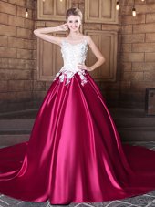 Flare Court Train Ball Gowns Vestidos de Quinceanera Hot Pink Scoop Elastic Woven Satin Sleeveless Lace Up