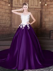 Decent Scoop Sleeveless Elastic Woven Satin With Train Court Train Lace Up Ball Gown Prom Dress in White And Purple for with Lace and Appliques