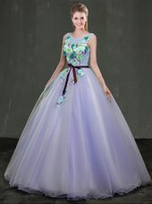 Sumptuous Scoop Lavender Ball Gowns Appliques Quince Ball Gowns Lace Up Organza Sleeveless Floor Length