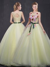 Fine Floor Length Light Yellow Quince Ball Gowns Scoop Sleeveless Lace Up