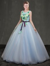 Deluxe Scoop Light Blue Organza Lace Up Sweet 16 Dress Sleeveless Floor Length Appliques