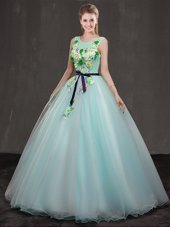 Scoop Appliques Ball Gown Prom Dress Apple Green Lace Up Sleeveless Floor Length