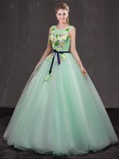 Customized Floor Length Apple Green Quinceanera Gowns Scoop Sleeveless Lace Up