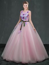 Scoop Floor Length Lace Up Sweet 16 Dresses Pink and In for Military Ball and Sweet 16 and Quinceanera with Appliques