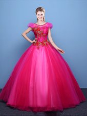 Suitable Scoop Short Sleeves Tulle Floor Length Lace Up Quince Ball Gowns in Hot Pink for with Appliques