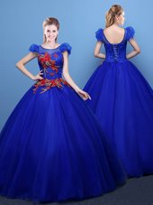 Fancy Scoop Floor Length Royal Blue Quinceanera Gown Tulle Short Sleeves Appliques