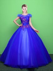 Enchanting Scoop Floor Length Blue Quinceanera Gowns Tulle Short Sleeves Appliques