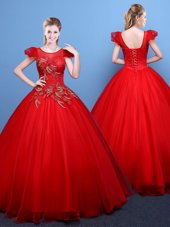 Stylish Scoop Red Ball Gowns Appliques 15th Birthday Dress Lace Up Tulle Short Sleeves Floor Length
