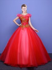 Sumptuous Tulle Scoop Short Sleeves Lace Up Appliques Sweet 16 Quinceanera Dress in Coral Red