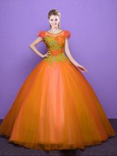 Luxurious Scoop Short Sleeves Floor Length Appliques Lace Up Quinceanera Gown with Orange