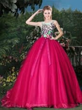 Luxury Scoop Hot Pink Sleeveless Brush Train Appliques and Belt Sweet 16 Dress