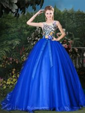 Beautiful Scoop Royal Blue Sleeveless Appliques and Belt Zipper Quinceanera Gown