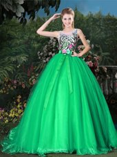 Dramatic Brush Train Ball Gowns 15th Birthday Dress Green Scoop Organza Sleeveless Zipper