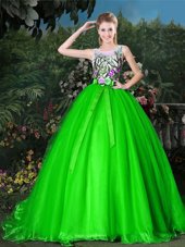 Suitable Organza Zipper Scoop Sleeveless Ball Gown Prom Dress Brush Train Appliques and Belt
