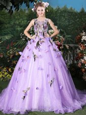 Adorable Lavender Ball Gowns Scoop Sleeveless Organza Brush Train Lace Up Appliques Vestidos de Quinceanera