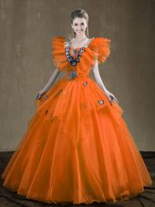 Sleeveless Organza Floor Length Lace Up Quince Ball Gowns in Orange for with Appliques and Ruffles