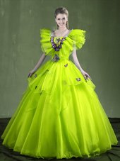 Superior Sweetheart Sleeveless Lace Up Vestidos de Quinceanera Yellow Green Organza
