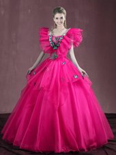 Flare Organza Sleeveless Floor Length 15th Birthday Dress and Appliques and Ruffles
