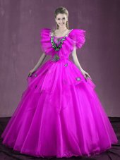 Sweetheart Sleeveless Quinceanera Dress Floor Length Appliques and Ruffles Purple Organza