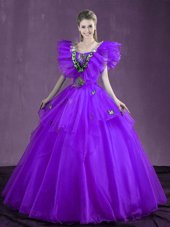 Extravagant Purple Sweetheart Lace Up Appliques and Ruffles Sweet 16 Dress Sleeveless