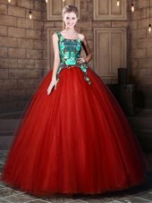 Unique Rust Red Ball Gowns Tulle One Shoulder Sleeveless Pattern Floor Length Lace Up Quince Ball Gowns