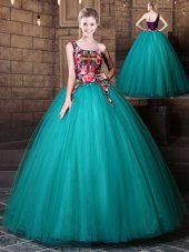 Decent One Shoulder Teal Sleeveless Tulle Lace Up 15 Quinceanera Dress for Military Ball and Sweet 16 and Quinceanera