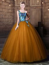Enchanting One Shoulder Floor Length Lace Up 15 Quinceanera Dress Brown and In for Military Ball and Sweet 16 and Quinceanera with Pattern