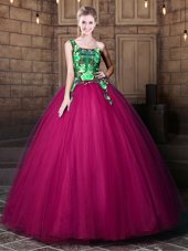 One Shoulder Fuchsia Tulle Lace Up Quince Ball Gowns Sleeveless Floor Length Pattern