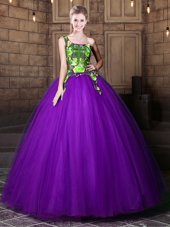 Discount Eggplant Purple Ball Gowns Tulle One Shoulder Sleeveless Pattern Floor Length Lace Up Quinceanera Dress