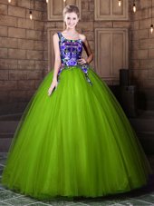 Perfect One Shoulder Floor Length Lace Up Sweet 16 Dresses Olive Green and In for Military Ball and Sweet 16 and Quinceanera with Pattern