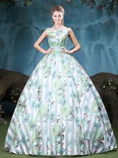 Customized Tulle Straps Sleeveless Lace Up Appliques and Pattern Quince Ball Gowns in Multi-color