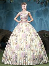 Dramatic Straps Sleeveless Quinceanera Dress Floor Length Appliques and Pattern Multi-color Tulle