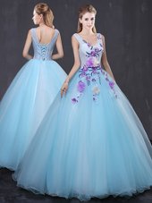 Comfortable V-neck Sleeveless Tulle Sweet 16 Dresses Lace and Appliques Lace Up