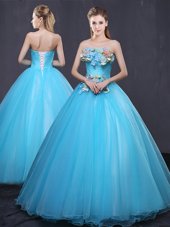 Baby Blue Sleeveless Floor Length Appliques Lace Up Quinceanera Dresses