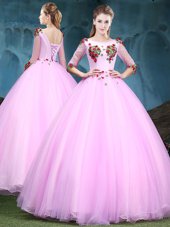 Suitable Scoop Half Sleeves Lace Up Quinceanera Gown Baby Pink Tulle
