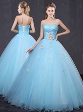Clearance Floor Length Light Blue 15th Birthday Dress Tulle Sleeveless Beading and Appliques