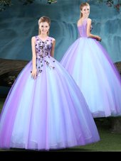 Decent Blue and Lilac Sleeveless Tulle Lace Up Quince Ball Gowns for Military Ball and Sweet 16 and Quinceanera
