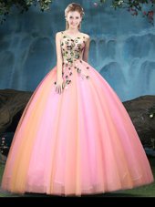 Superior Sleeveless Tulle Floor Length Lace Up Ball Gown Prom Dress in Multi-color for with Appliques