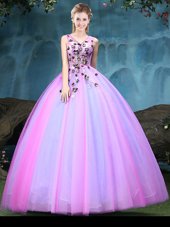 Sophisticated Floor Length Multi-color Quinceanera Gown V-neck Sleeveless Lace Up