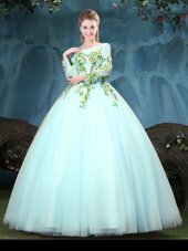 Most Popular Scoop Long Sleeves Floor Length Appliques Lace Up Sweet 16 Dress with Aqua Blue