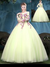 Spectacular Scoop Long Sleeves Tulle Quinceanera Dresses Appliques Lace Up