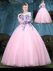 Colorful Scoop Long Sleeves Lace Up Floor Length Appliques Quinceanera Dresses