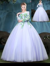 Dramatic Scoop Lavender Long Sleeves Appliques Floor Length 15th Birthday Dress