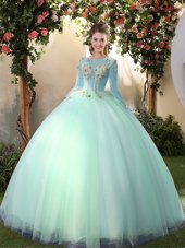 Ball Gowns Quinceanera Dresses Light Blue Scoop Tulle Long Sleeves Floor Length Lace Up