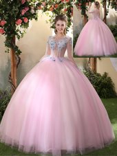 Tulle Scoop Long Sleeves Lace Up Appliques Quince Ball Gowns in Baby Pink