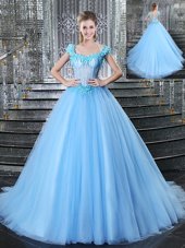 Fitting With Train Light Blue Ball Gown Prom Dress Straps Sleeveless Brush Train Lace Up